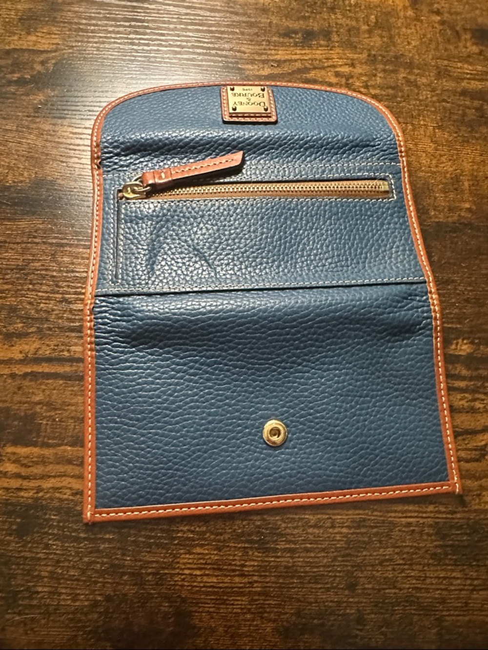 Dooney & Bourke Navy Pebbled Leather Continental Wallet with Brown Trim - Picture 3 of 3